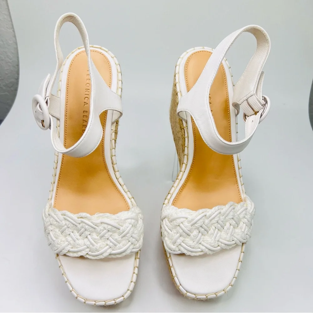 Veronica Beard Reema White Braided Ankle Strap Wedge Platform Espadrille Sandal